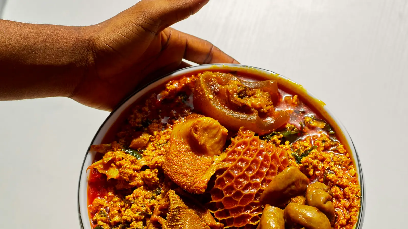 Hands holding a bowl of egusi soup with assorted meats